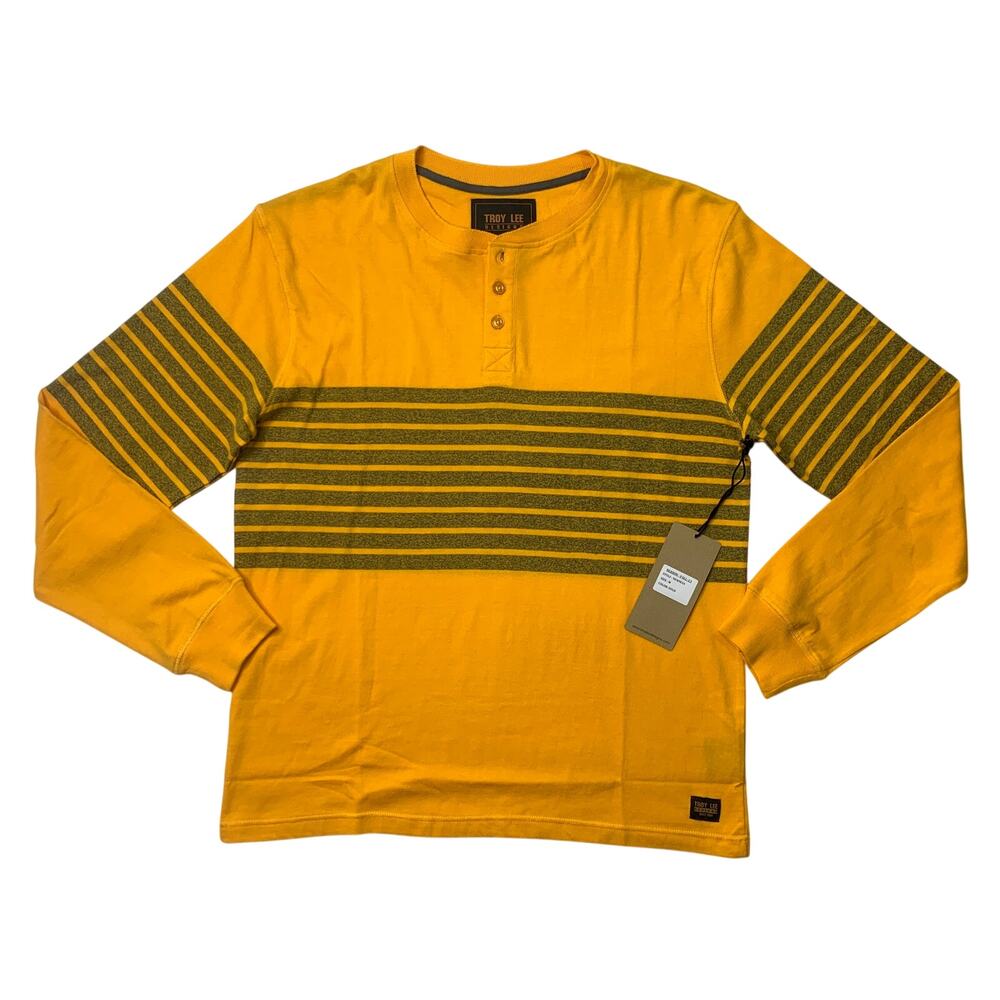 Troy Lee Designs Shirt Mens M Medium Gold Gray Newman Ribbed Cuff Stripes Henley